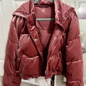 ALO pink velvet puffer jacket